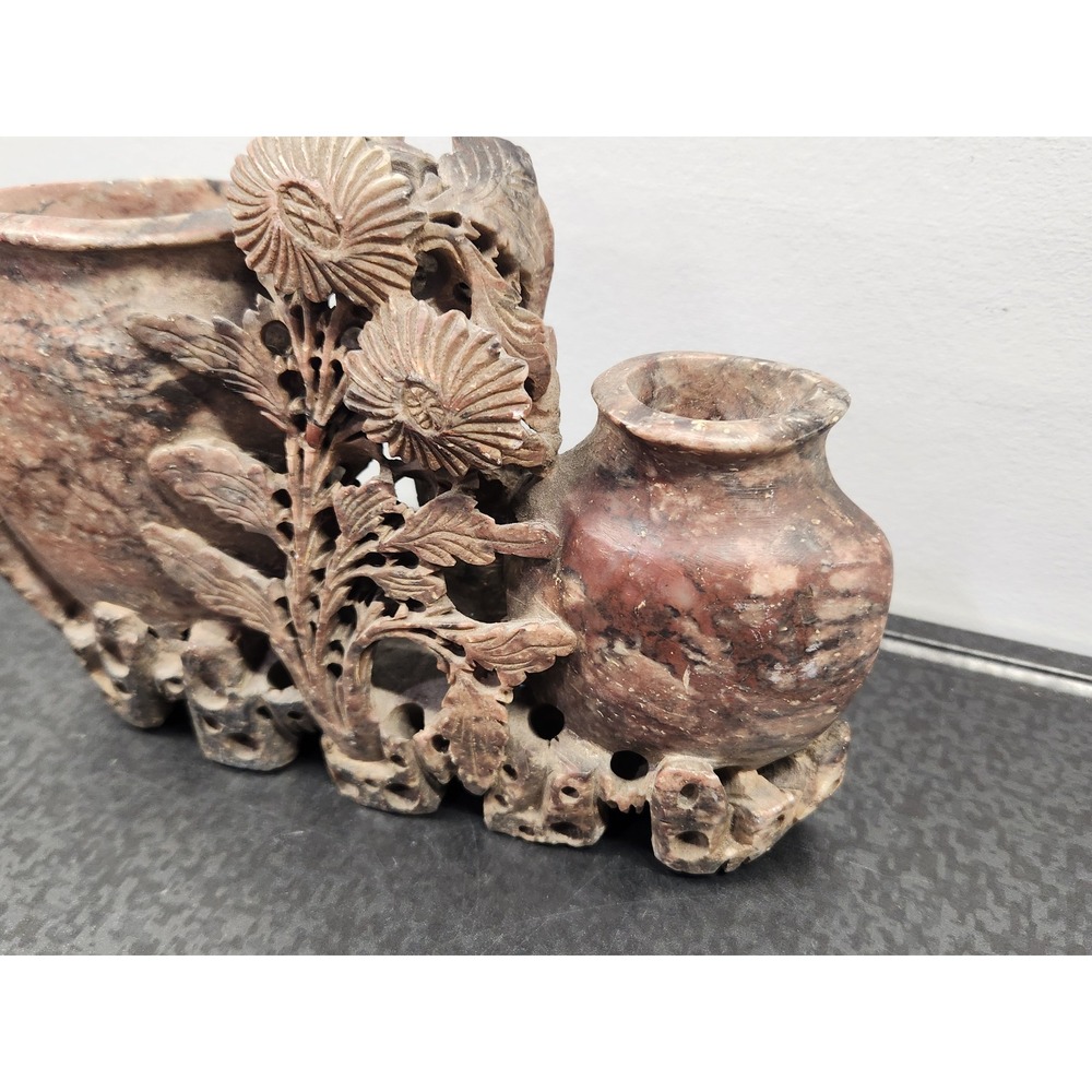 Vintage Soapstone Double‎ Vase Hand Carved Floral Chrysanthemum Chinese ~ Good - Picture 3 of 9